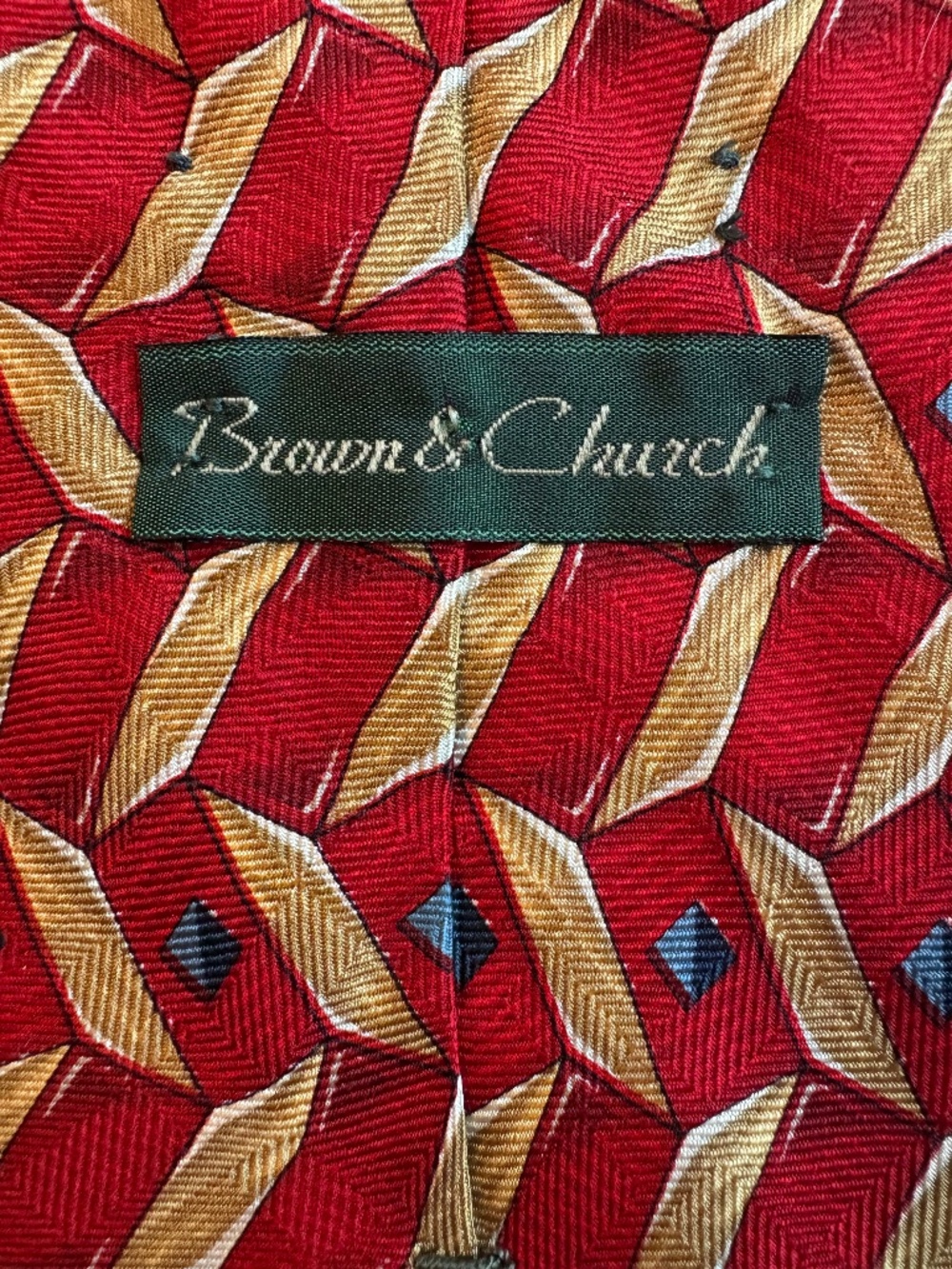 Vintage Brown & Church 100% Silk Geometric Necktie Red Gold Blue Made in USA